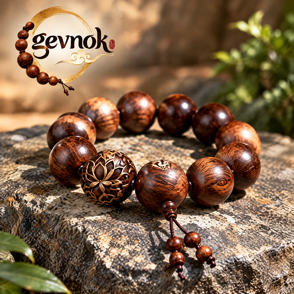 Lotus Accent Wood-Grain Bead Bracelet — Signature scene