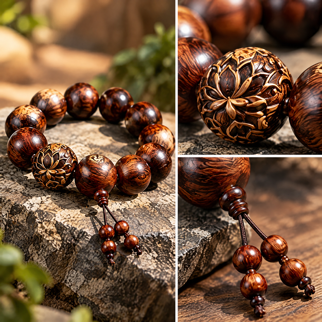 Lotus Accent Wood-Grain Bead Bracelet — Design details