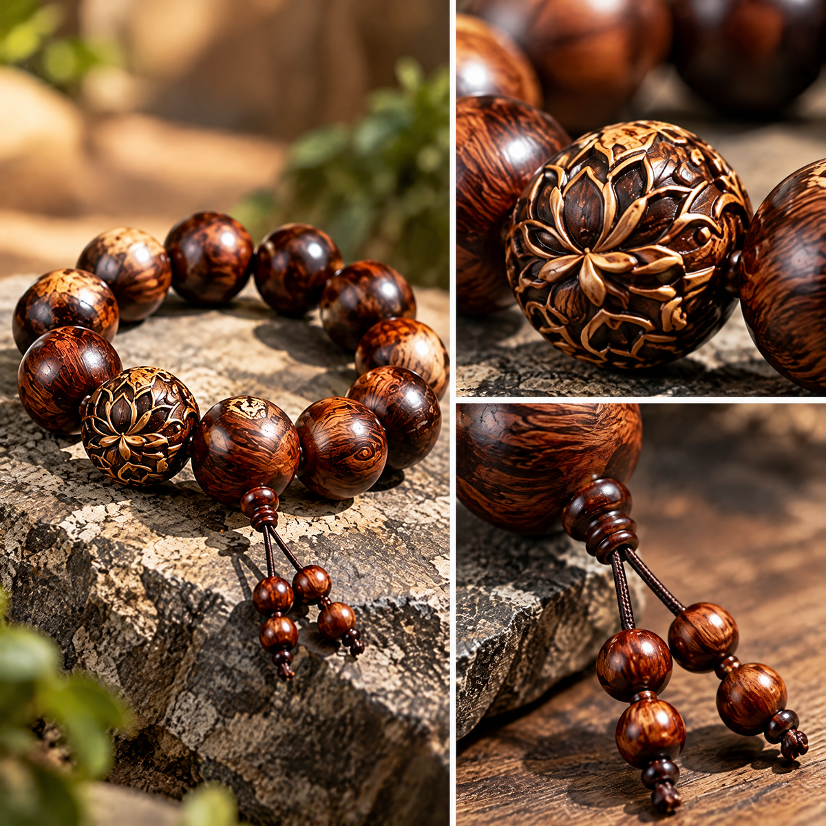 Lotus Accent Wood-Grain Bead Bracelet — Design details