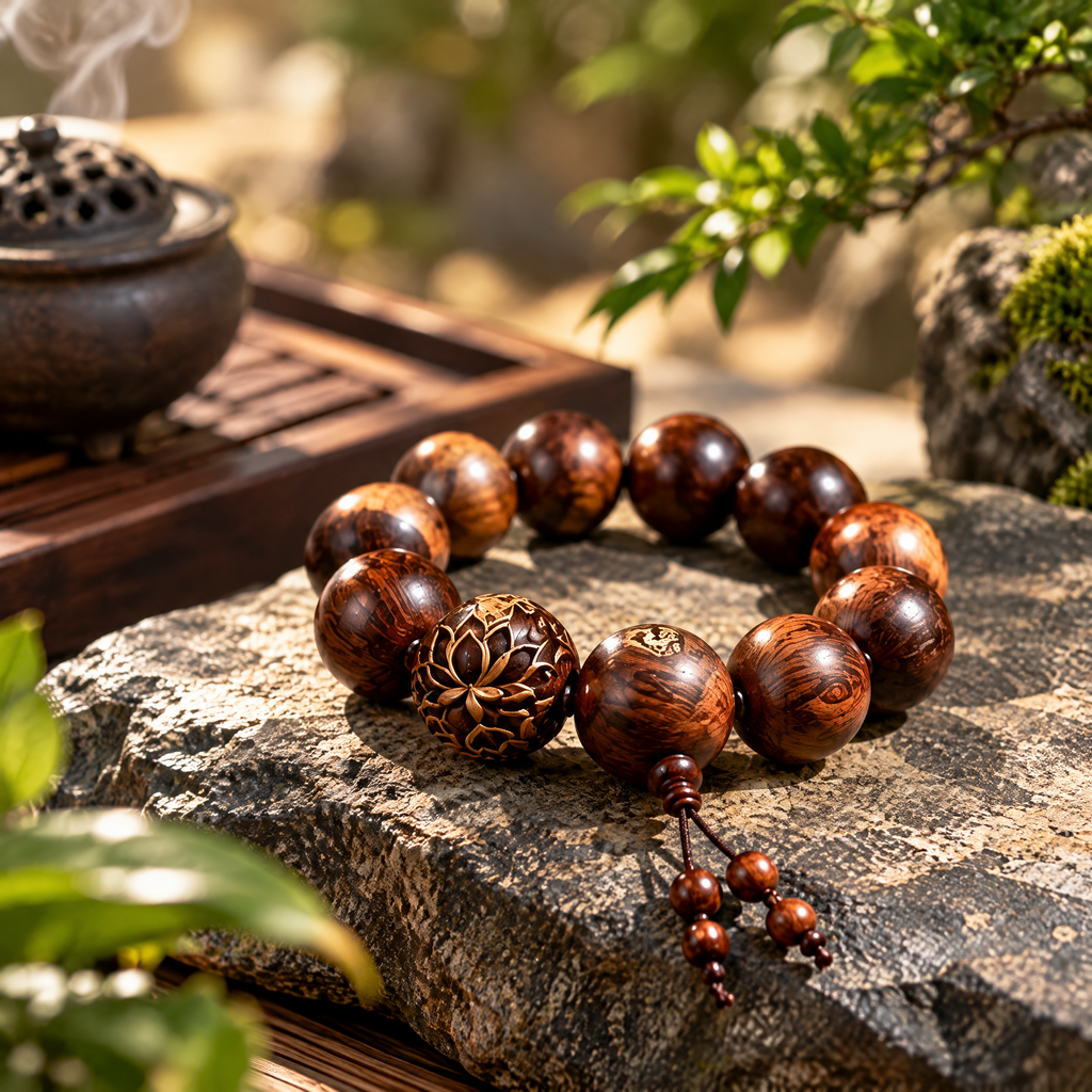 Lotus Accent Wood-Grain Bead Bracelet — Lifestyle setting