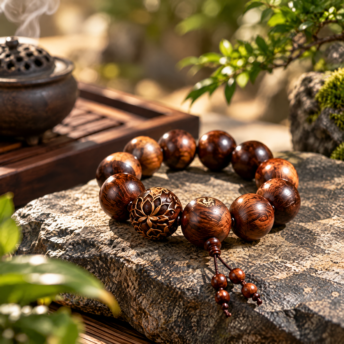 Lotus Accent Wood-Grain Bead Bracelet — Lifestyle setting