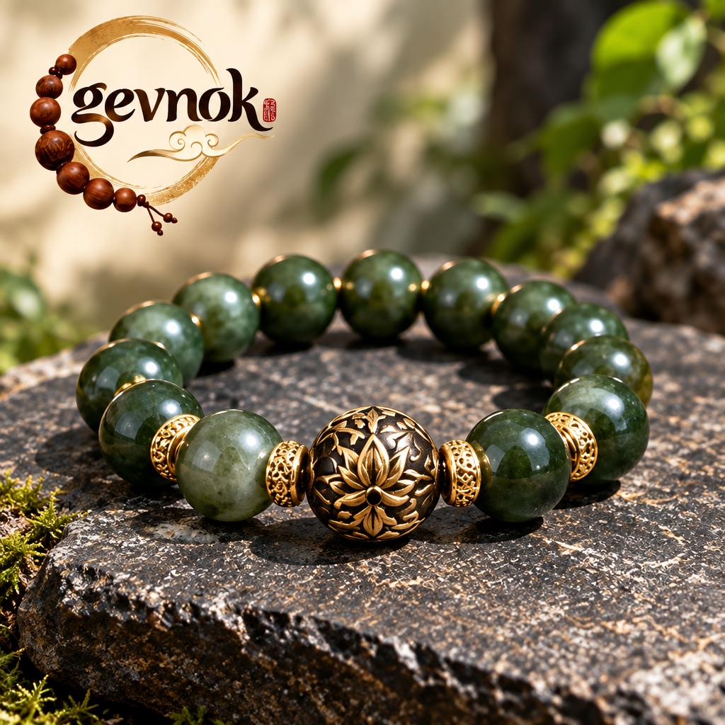 Forest Green Bead Bracelet with Gold-Tone Lotus Charm — Signature scene