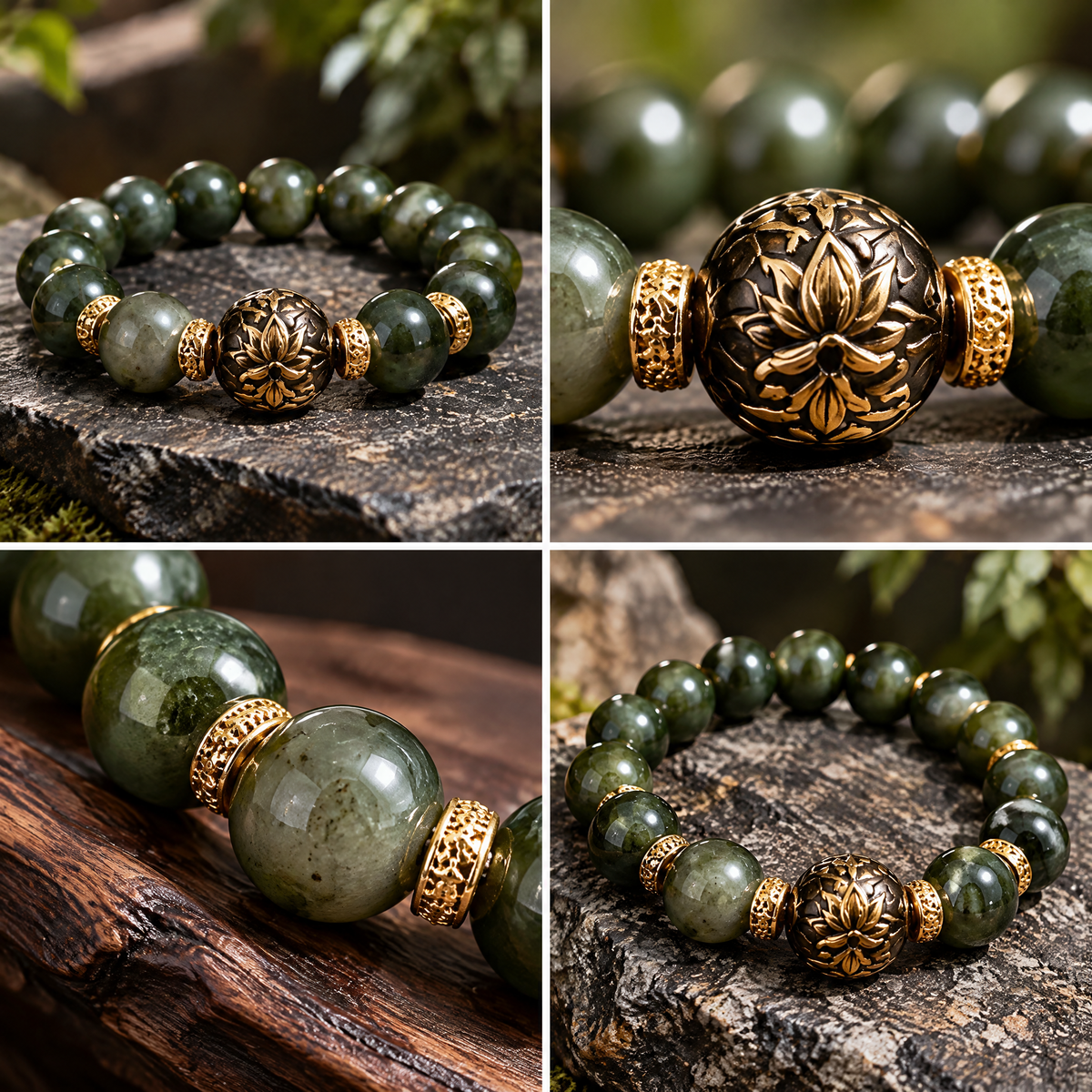Forest Green Bead Bracelet with Gold-Tone Lotus Charm — Design details