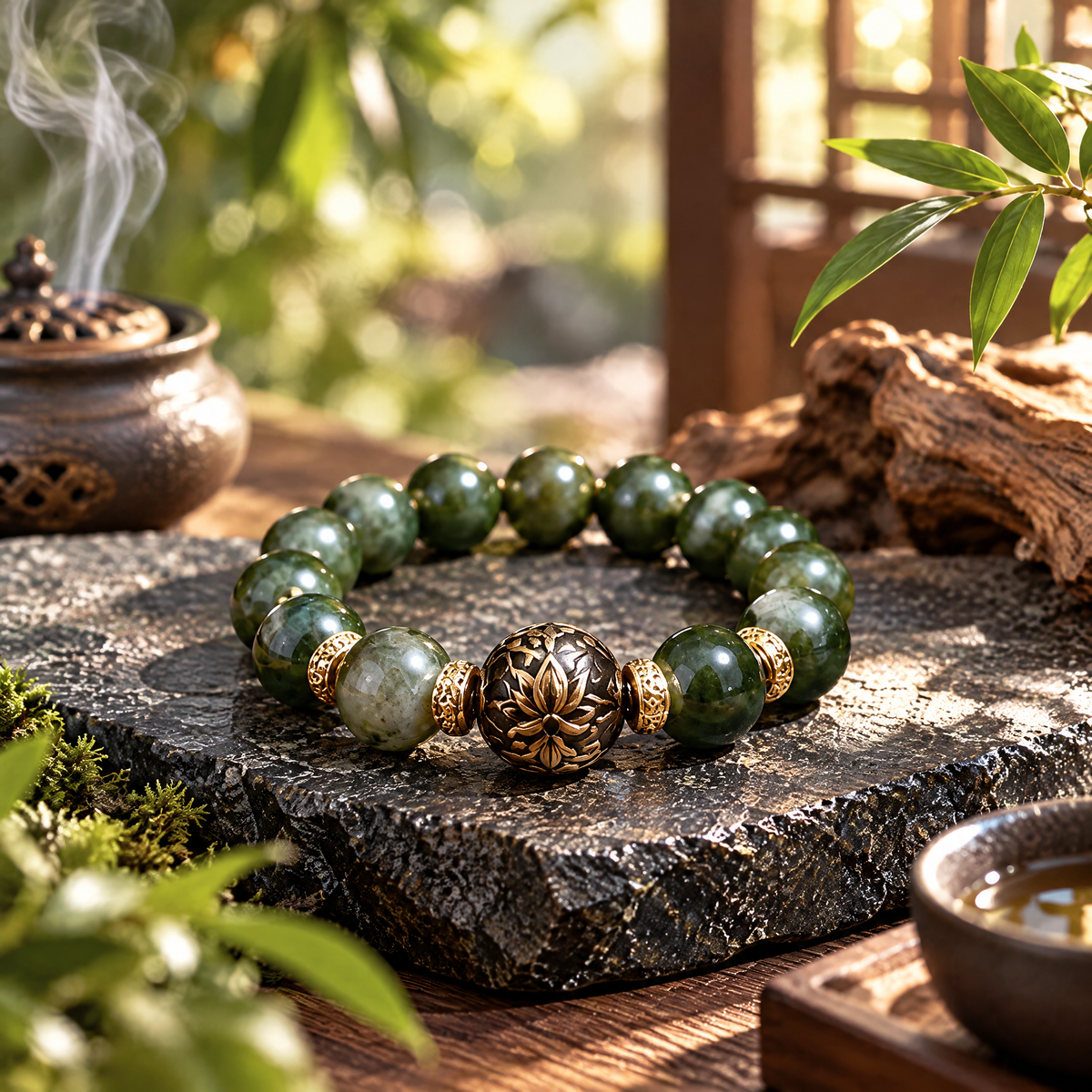 Forest Green Bead Bracelet with Gold-Tone Lotus Charm — Lifestyle setting