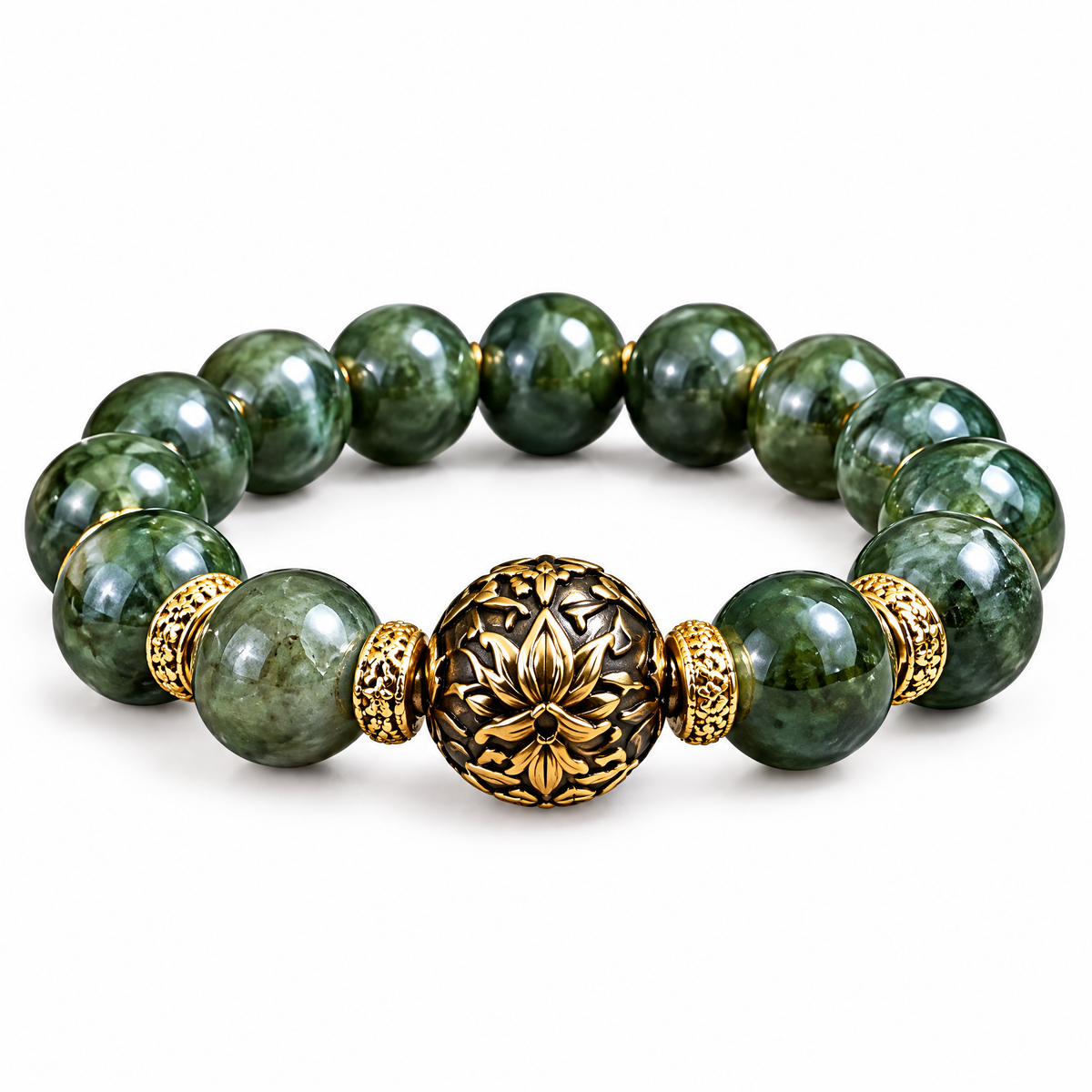 Forest Green Bead Bracelet with Gold-Tone Lotus Charm — Main finish