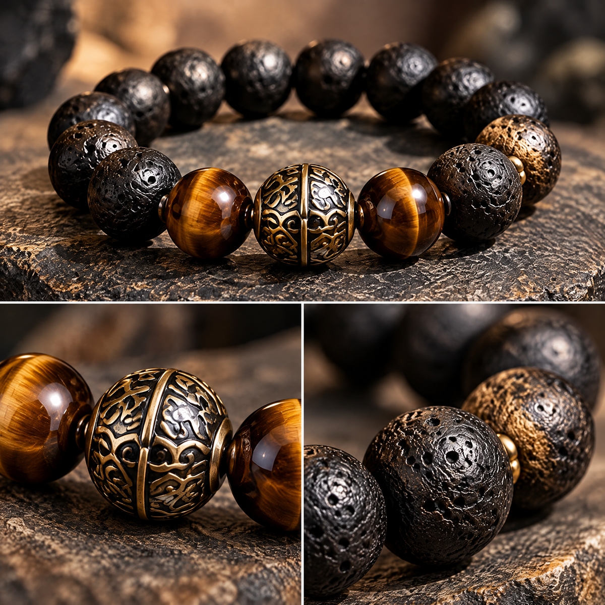 Black Lava-Look Bead Bracelet with Striped Accents — Design details