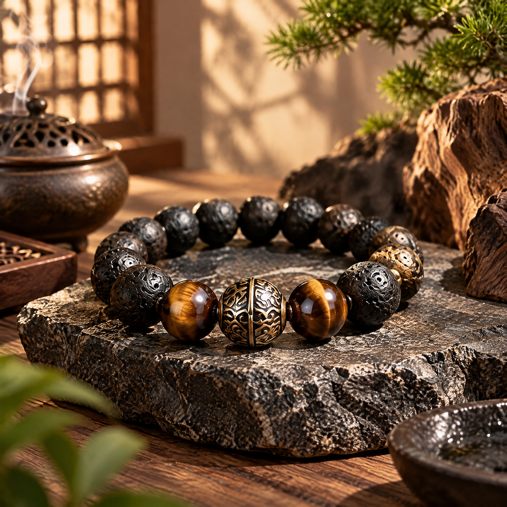Black Lava-Look Bead Bracelet with Striped Accents — Lifestyle setting