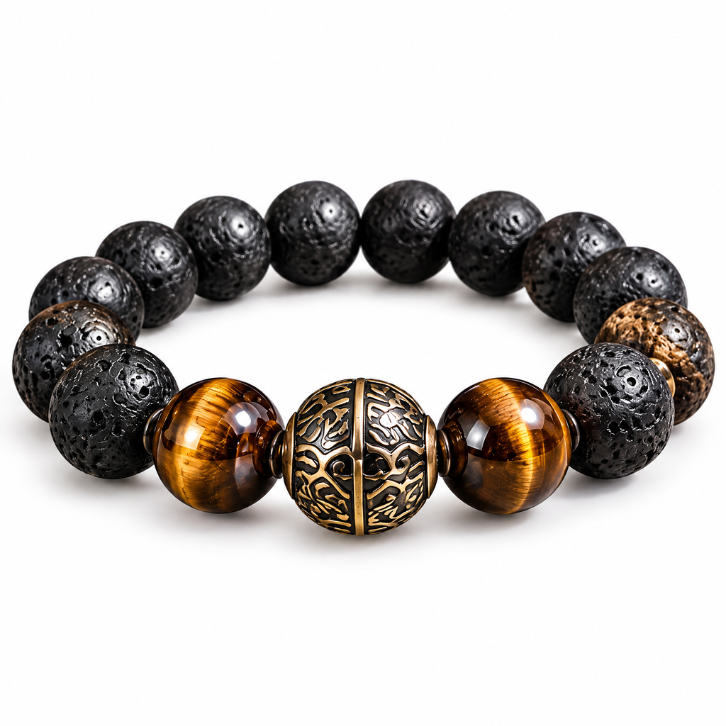 Black Lava-Look Bead Bracelet with Striped Accents — Main finish