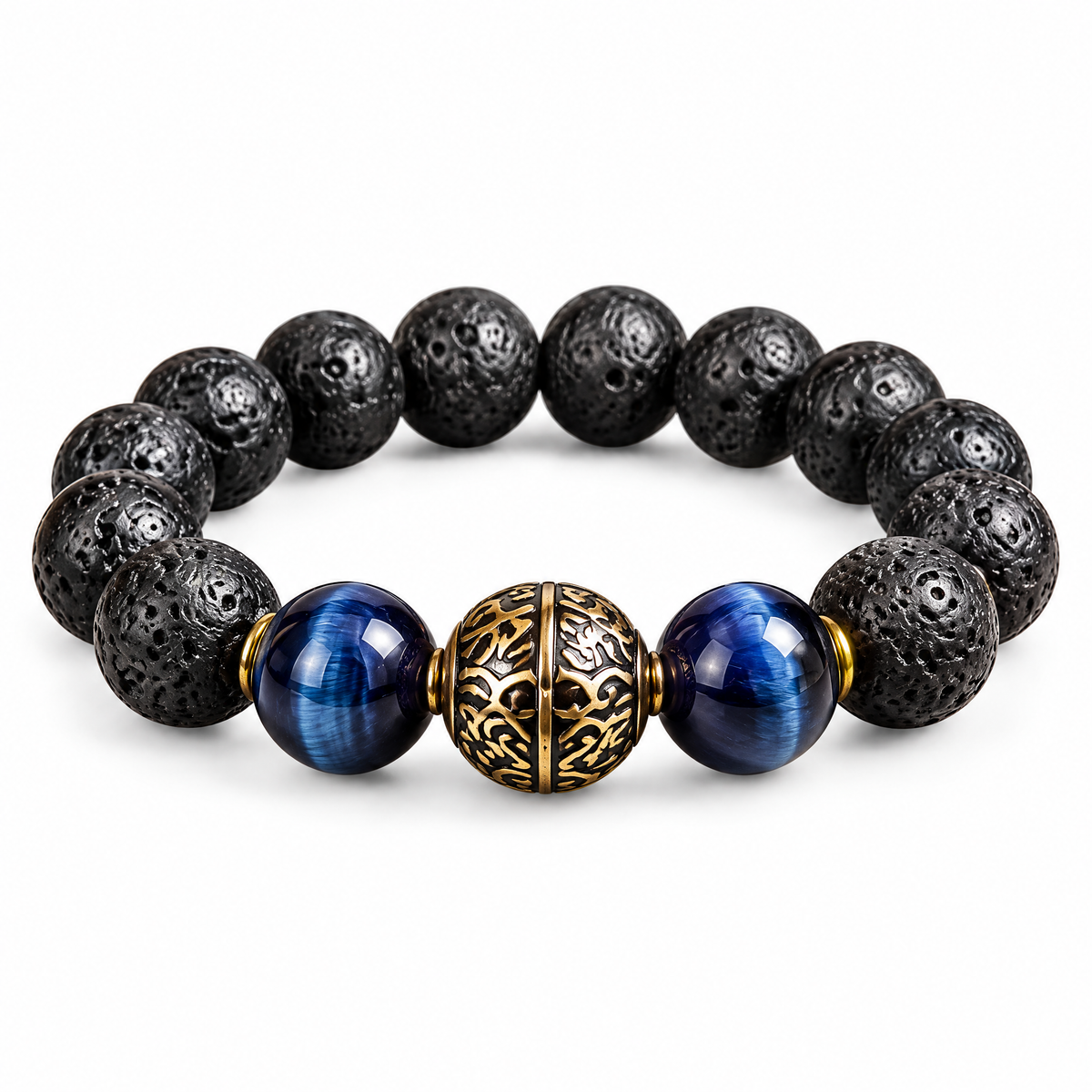 Black Lava-Look Bead Bracelet with Striped Accents — Alternative finish reference