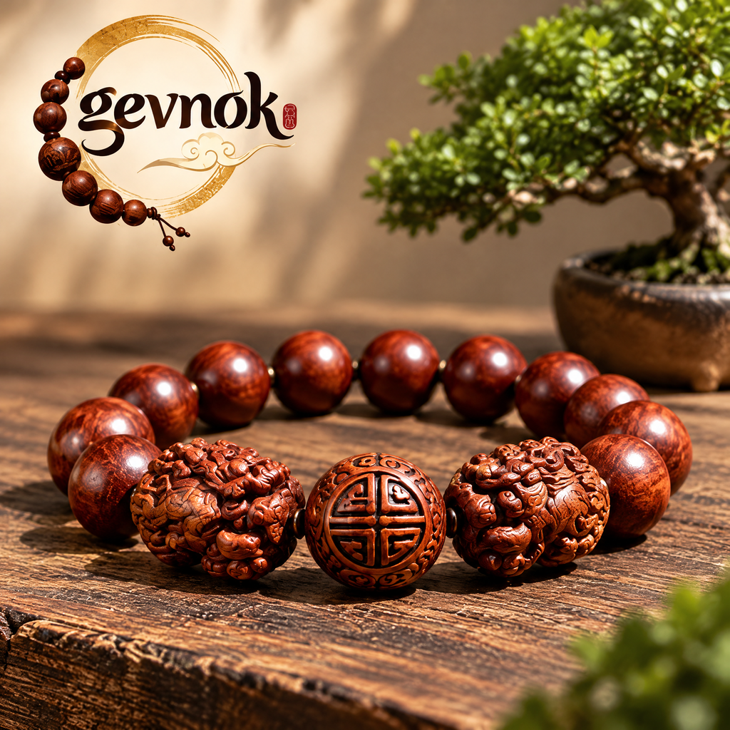Carved Red-Brown Bead Bracelet with Symbol Accents — Signature scene