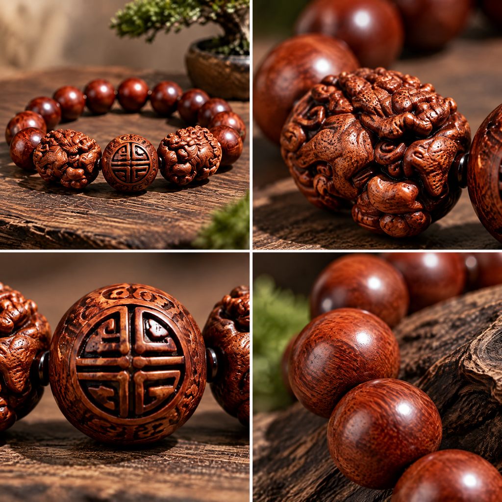Carved Red-Brown Bead Bracelet with Symbol Accents — Design details