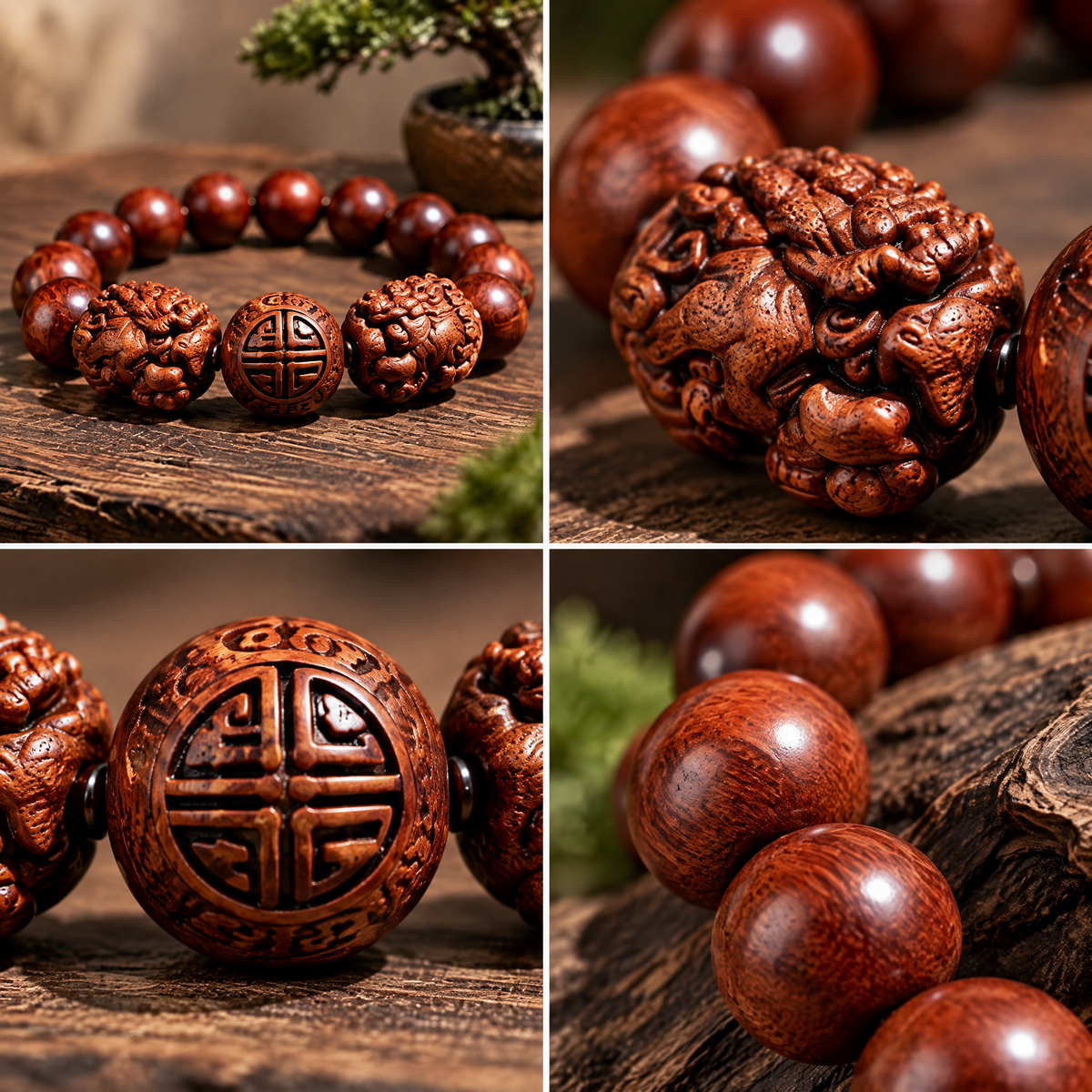 Carved Red-Brown Bead Bracelet with Symbol Accents — Design details
