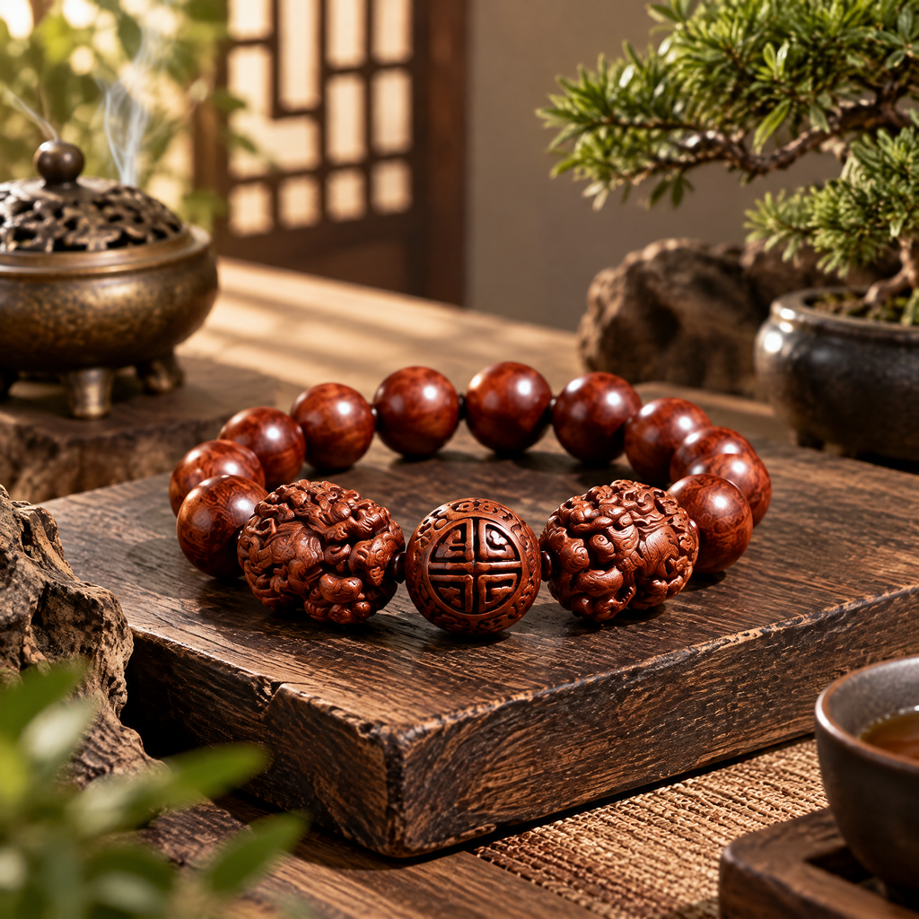 Carved Red-Brown Bead Bracelet with Symbol Accents — Lifestyle setting