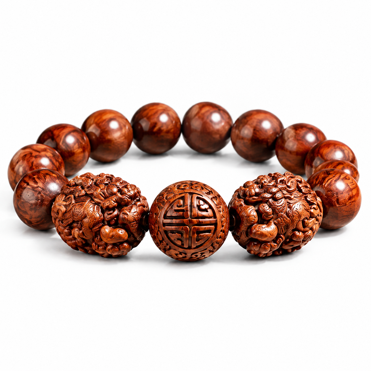 Carved Red-Brown Bead Bracelet with Symbol Accents — Main finish