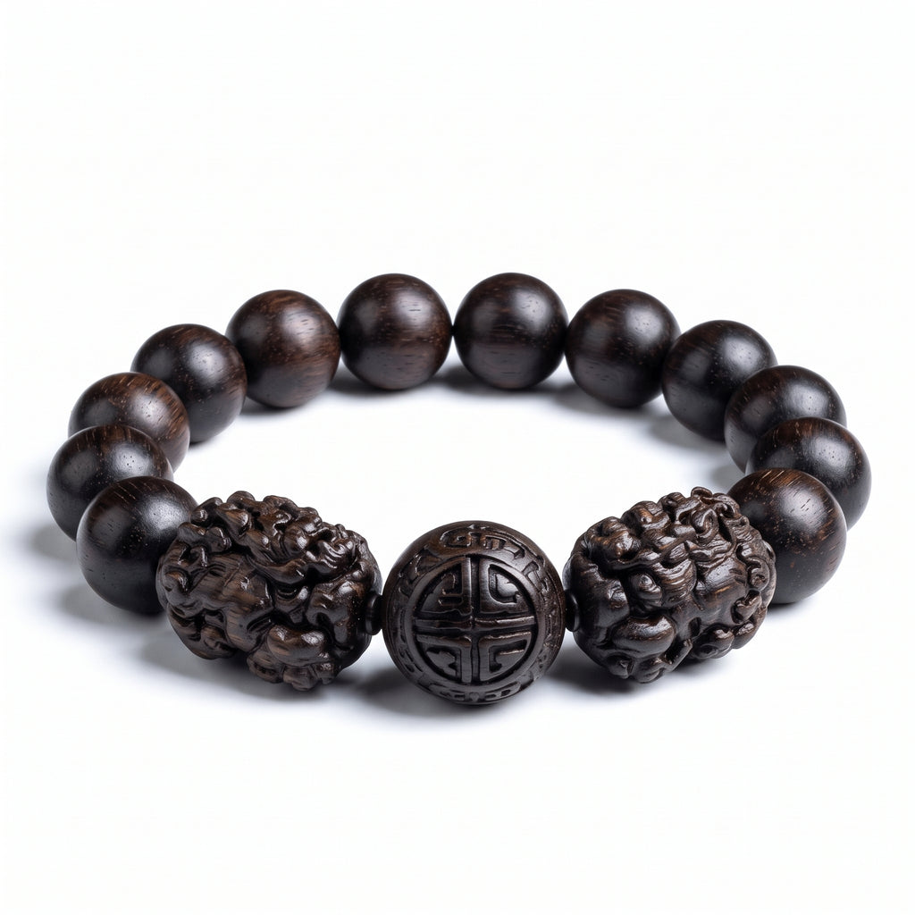 Carved Red-Brown Bead Bracelet with Symbol Accents — Alternative finish reference