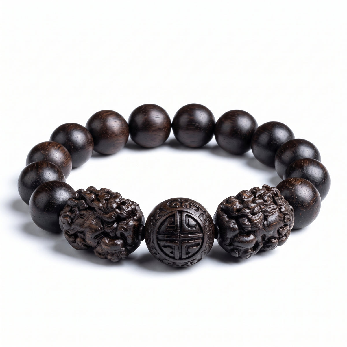 Carved Red-Brown Bead Bracelet with Symbol Accents — Alternative finish reference