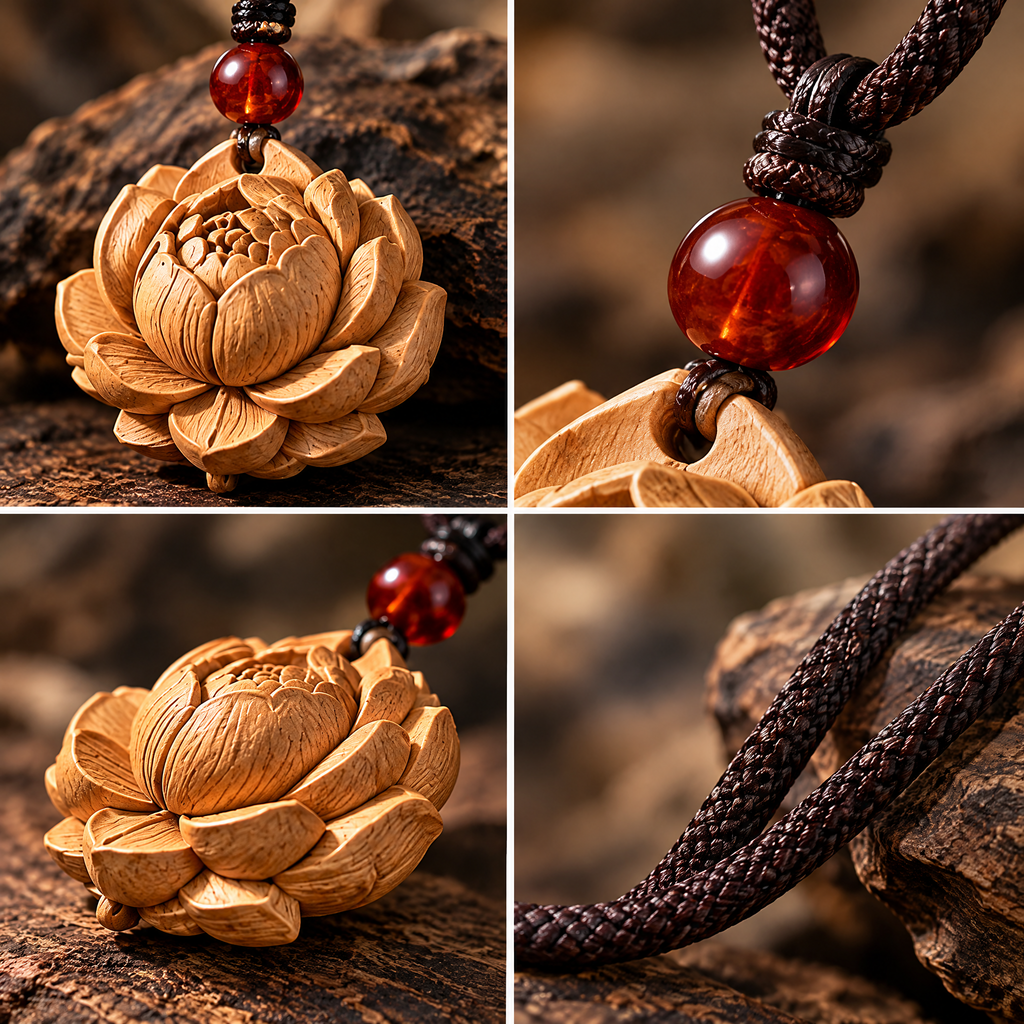 Carved Lotus Flower Pendant Necklace — Design details