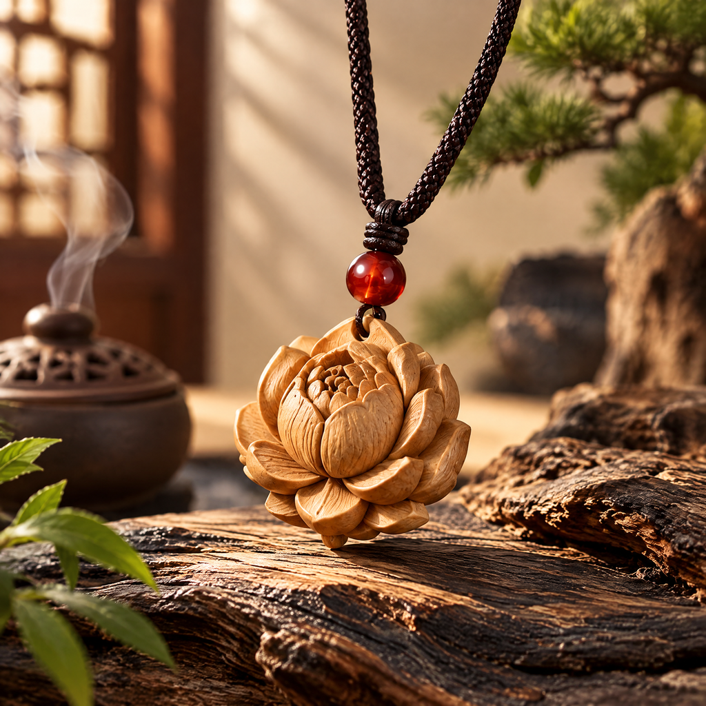 Carved Lotus Flower Pendant Necklace — Lifestyle setting