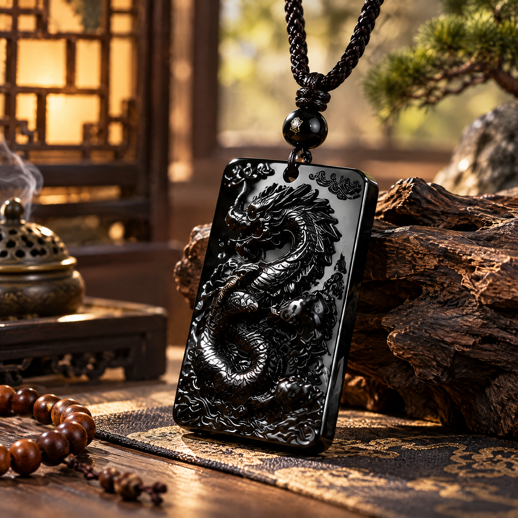 Black Dragon Relief Pendant Necklace — Lifestyle setting