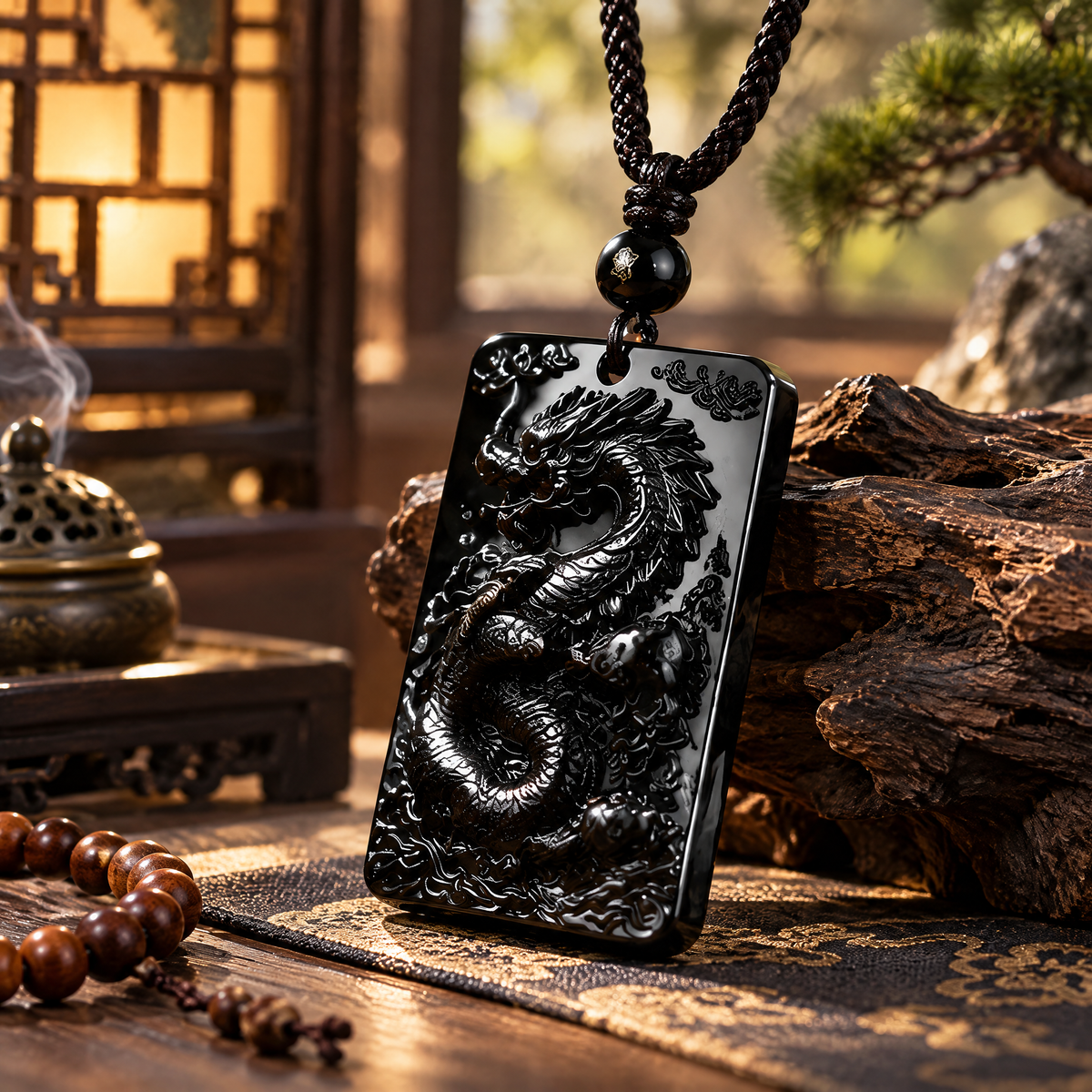 Black Dragon Relief Pendant Necklace — Lifestyle setting