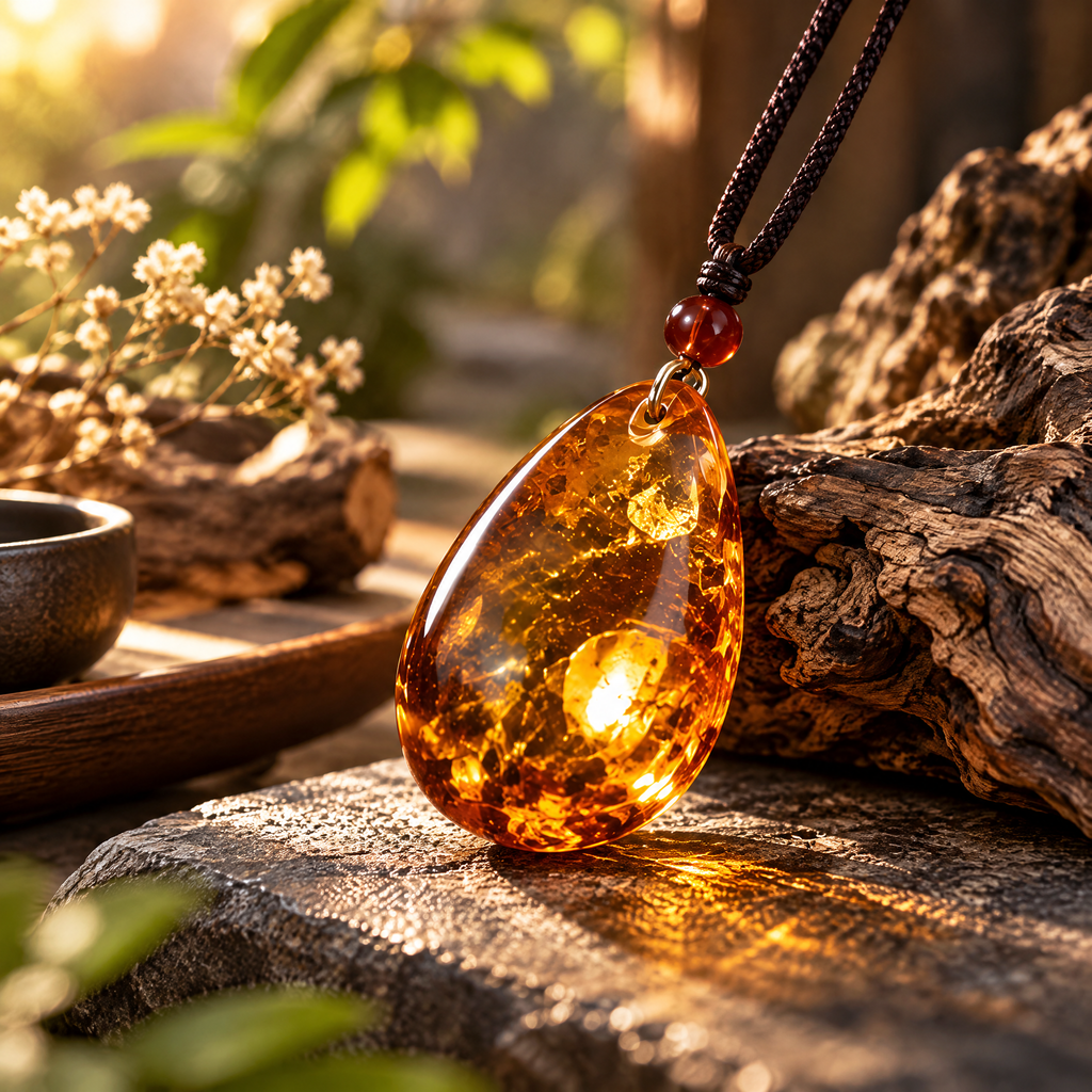 Golden Amber-Look Teardrop Pendant Necklace — Lifestyle setting