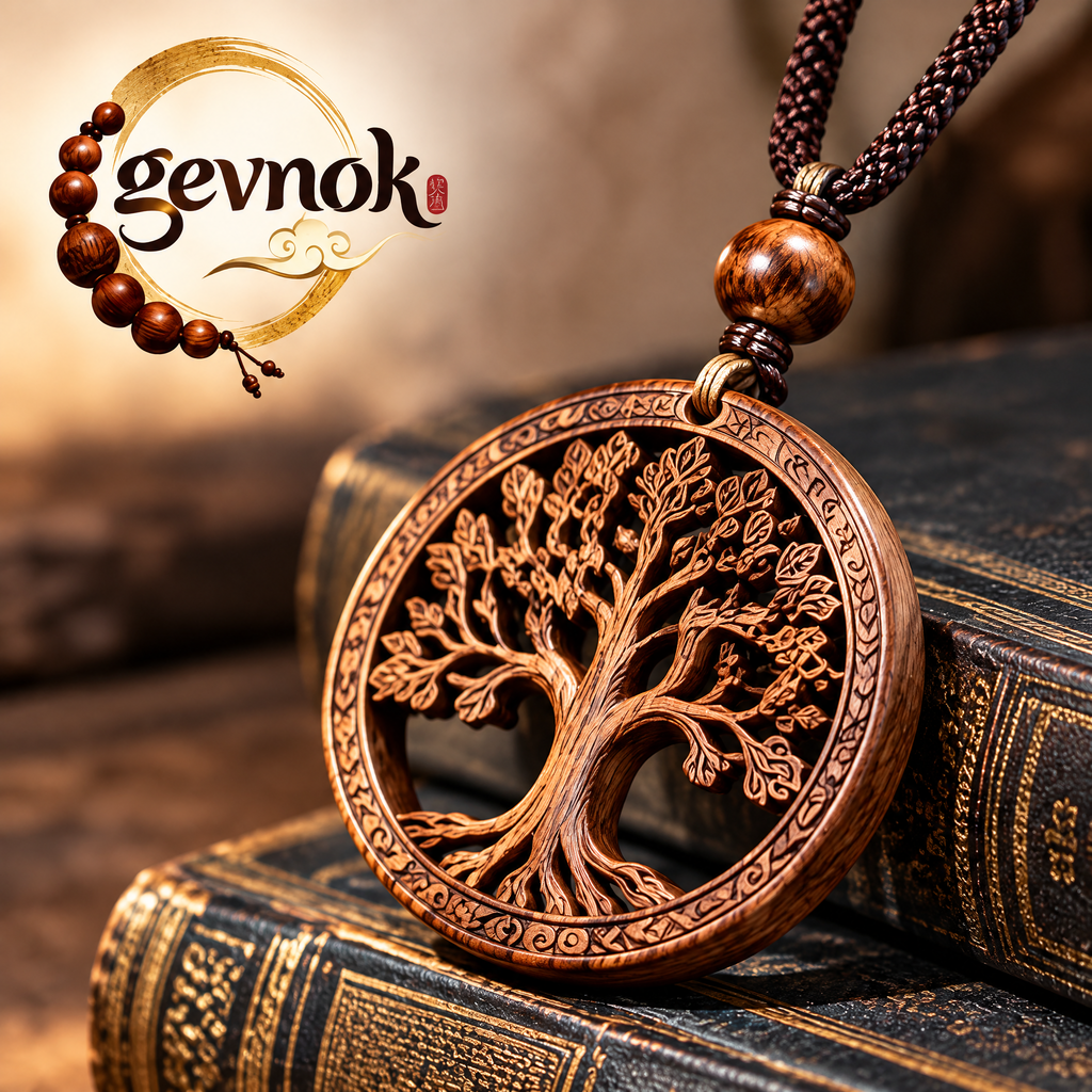 Openwork Tree of Life Wood-Look Pendant Necklace — Signature scene