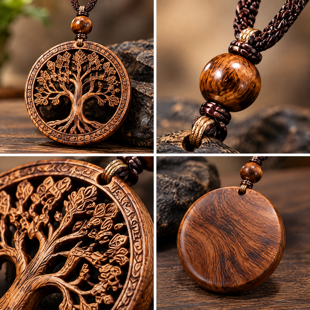 Openwork Tree of Life Wood-Look Pendant Necklace — Design details