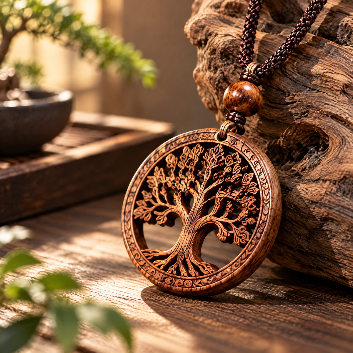 Openwork Tree of Life Wood-Look Pendant Necklace — Lifestyle setting