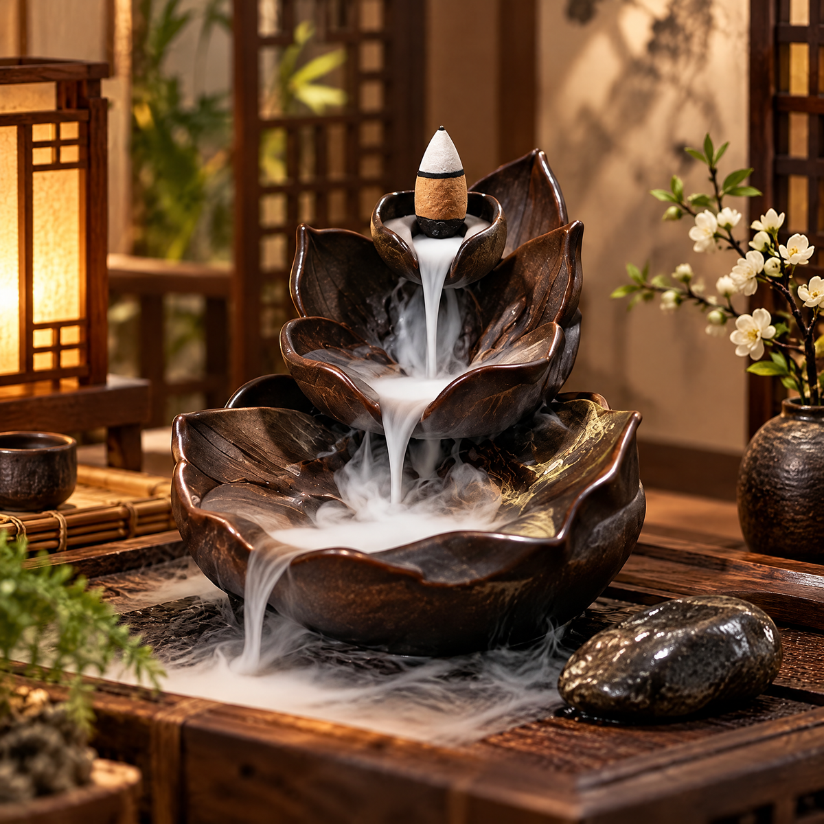 Lotus Waterfall Backflow Incense Burner — Lifestyle setting