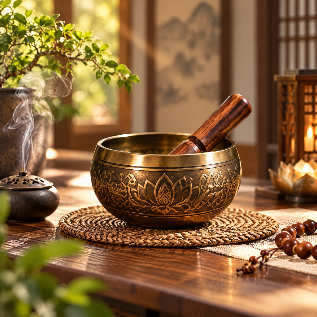 Lotus-Engraved Gold-Tone Singing Bowl — Lifestyle setting