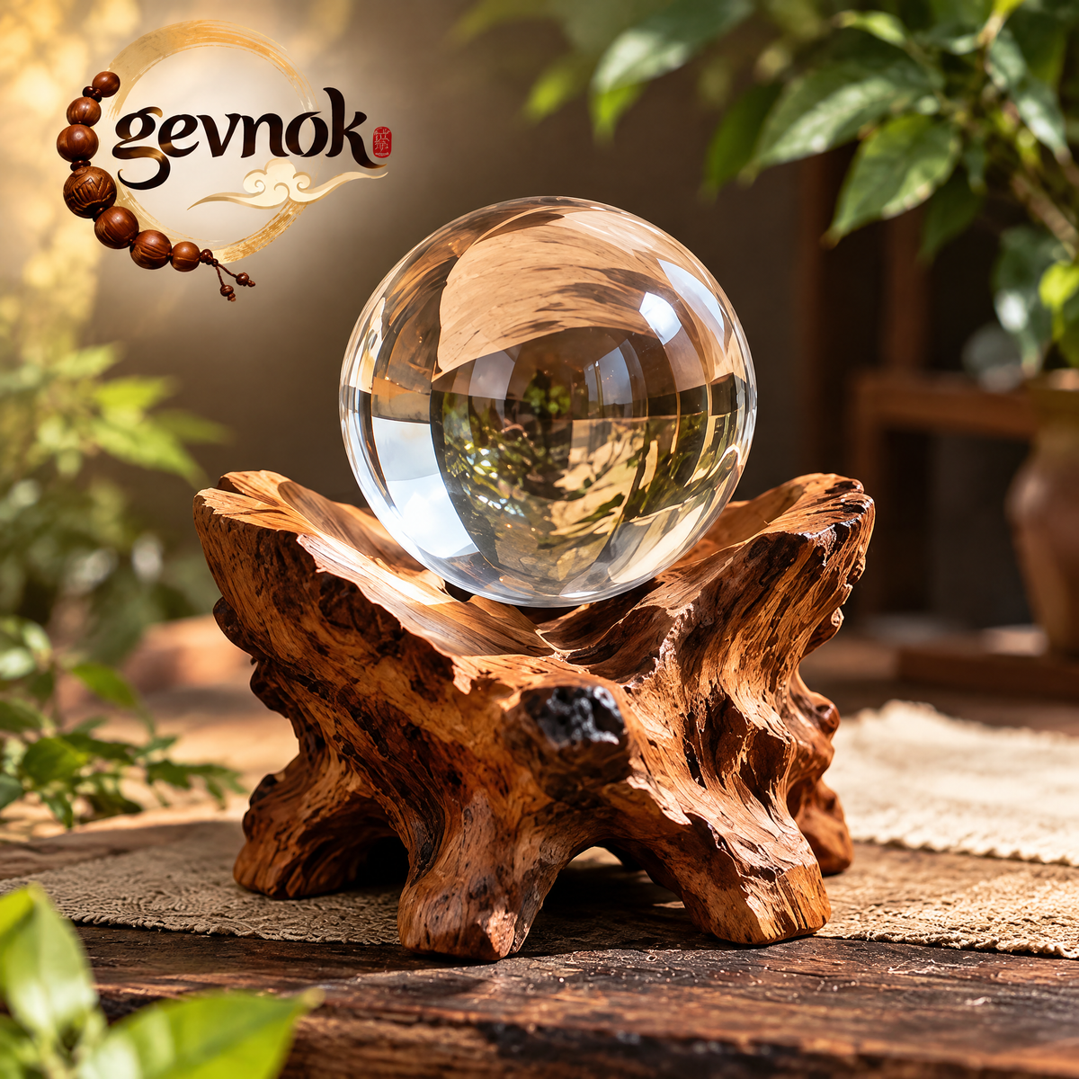 Clear Crystal-Look Sphere with Rustic Display Stand — Signature scene