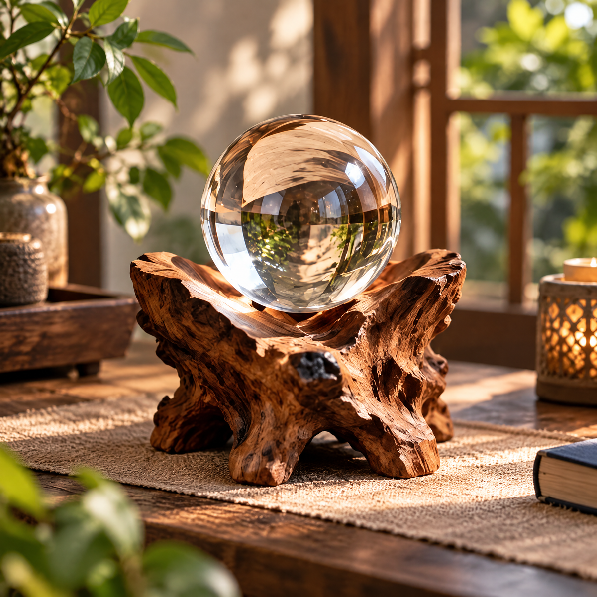 Clear Crystal-Look Sphere with Rustic Display Stand — Lifestyle setting