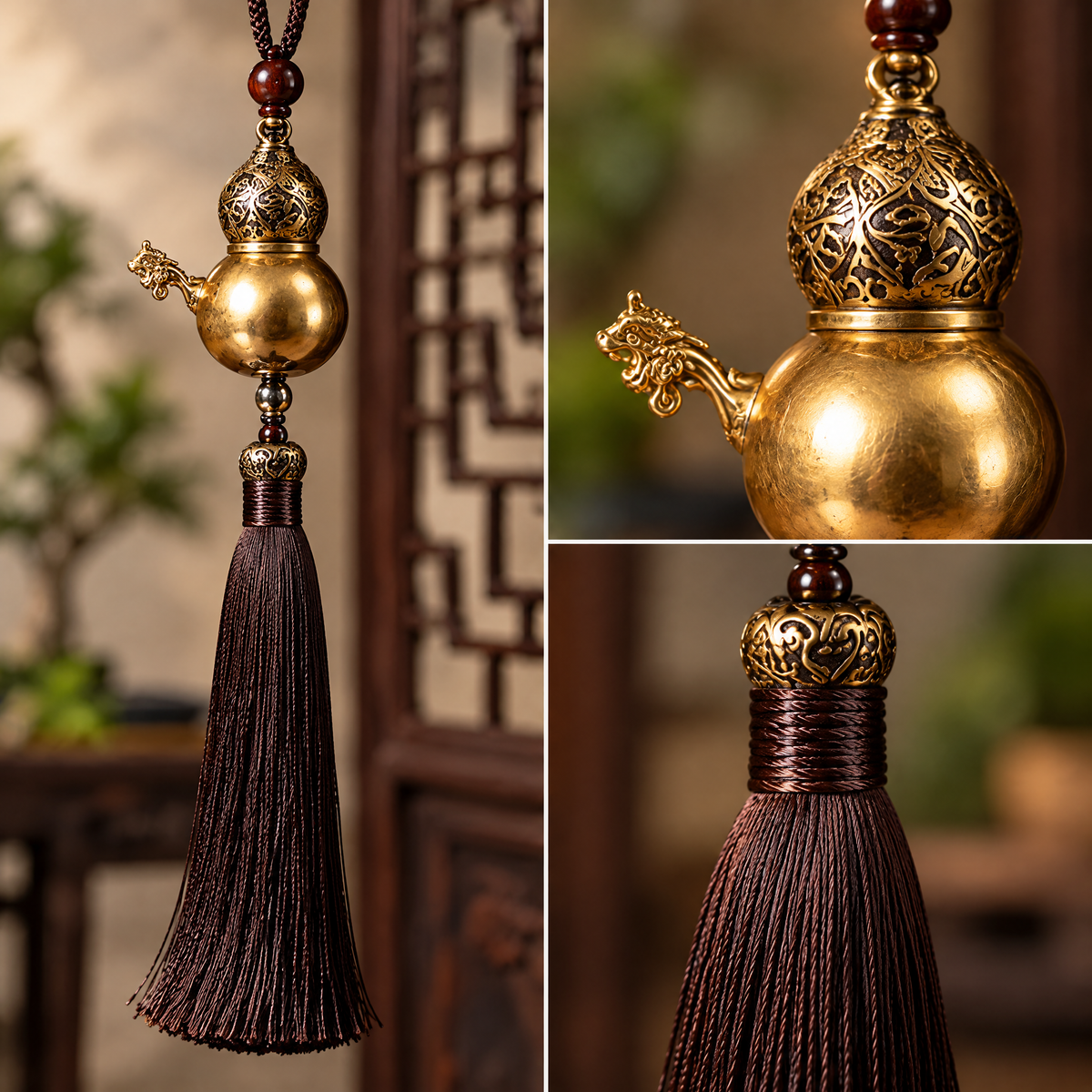 Antique Gold-Tone Teapot Tassel Hanging Ornament — Design details