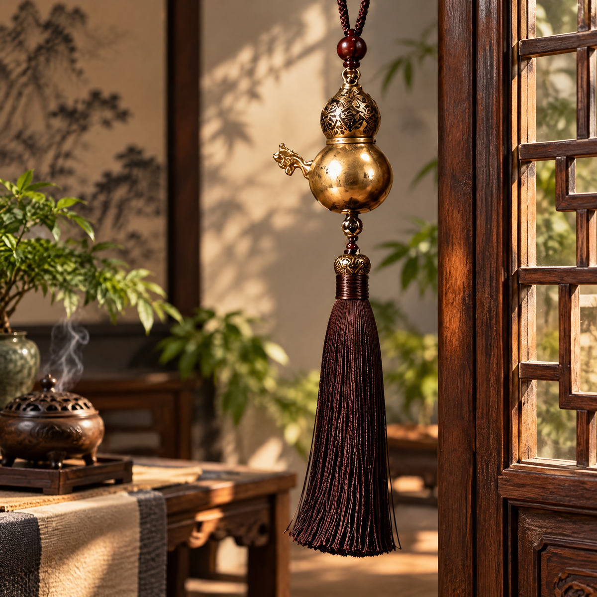 Antique Gold-Tone Teapot Tassel Hanging Ornament — Lifestyle setting